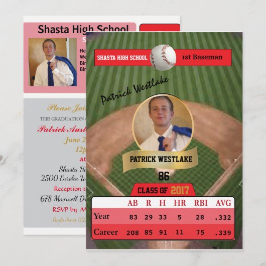 Baseballkarte W/ Stats Grad Einladungen - rot (Vorne/Hinten)