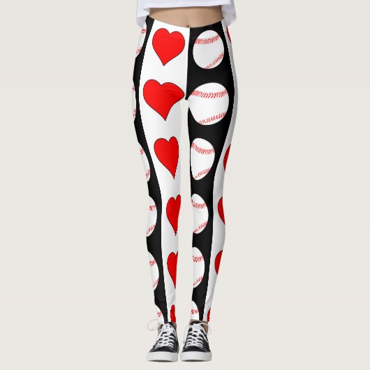 Baseballs & Herz Vertikales Schwarz-Weiß-Muster Leggings (Vorderseite)