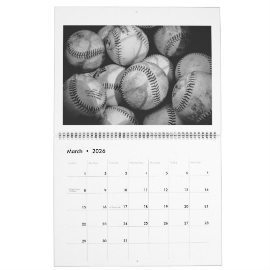 Baseballs in Schwarz und Weiß Kalender (Mär 2026)