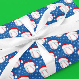 Baseballs tragen Santas Hut & Schneeflocken Denim Geschenkpapier