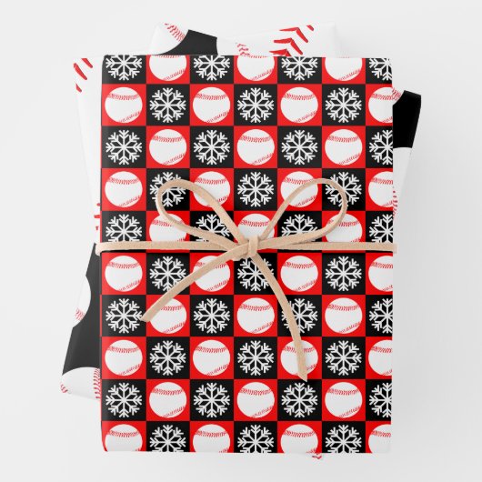 Baseballs und Schneeflocken Rote und Schwarze Weih Geschenkpapier Set (Beispiel)