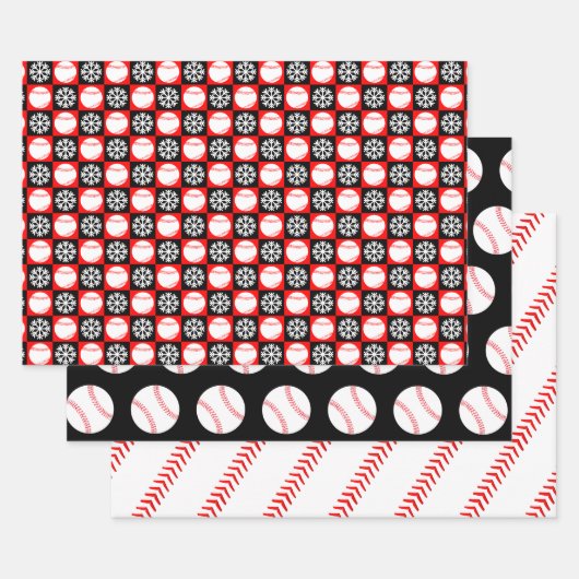 Baseballs und Schneeflocken Rote und Schwarze Weih Geschenkpapier Set (Set)