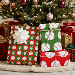 Baseballs und Weihnachtsmann Rot und Grün Geschenkpapier Set