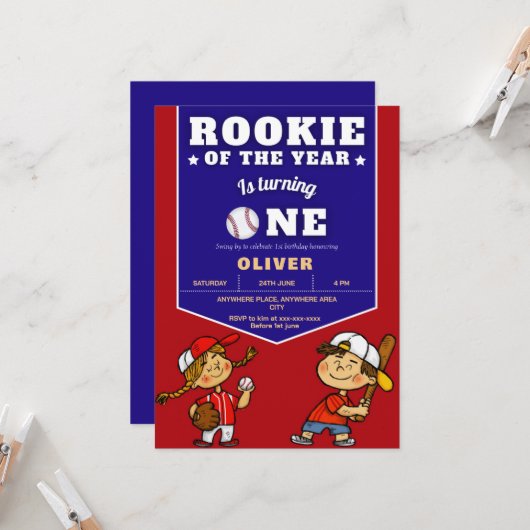 Baseballschüler 1. Geburtstag Einladung (Vorderseite/Rückseite Beispiel)