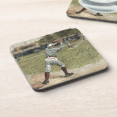 Baseballspieler in zweiter Base ausgeworfen Getränkeuntersetzer (Linke Seite)