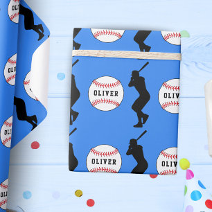 Baseballspieler Kinder Name Geburtstag Blau Geschenkpapier