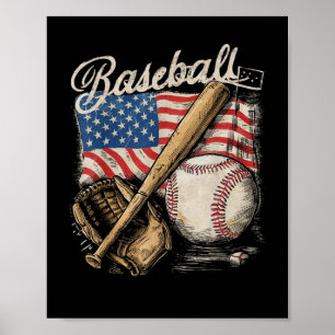 Baseballspieler mit amerikanischer Flagge Schläger Poster