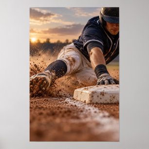 Baseballspieler rutscht bei Sonnenuntergang in die Poster