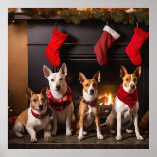 Basenji an der Weihnachtsfeier am Feuerplatz Poster (Vorne)