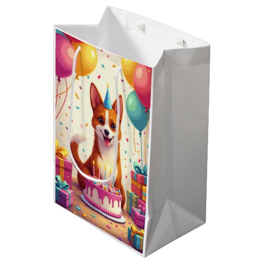 Basenji Birthday Celebration Mittlere Geschenktüte (Vorderseite Schrägansicht)