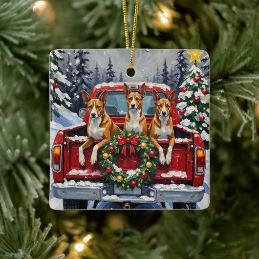 Basenji Christmas Red Truck Holiday Keramikornament (Baum)
