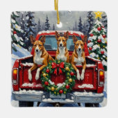 Basenji Christmas Red Truck Holiday Keramikornament (Vorderseite)