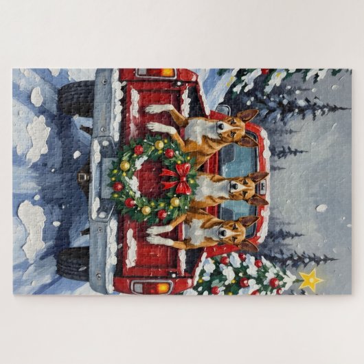 Basenji Christmas Red Truck Holiday Puzzle (Horizontal)