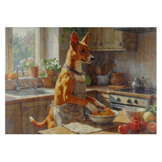 Basenji Cooking in Kitchen Schneidebrett (Vorderseite)