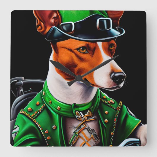 Basenji Dog Fahrrad St. Patrick's Day Quadratische Wanduhr (Vorderseite)