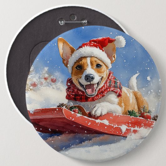Basenji Dog in Sledge Lass es Schnee Weihnachten Button (Vorne & Hinten)