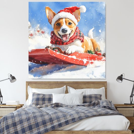 Basenji Dog in Sledge Lass es Schnee Weihnachten Leinwanddruck (Insitu (Schlafzimmer))