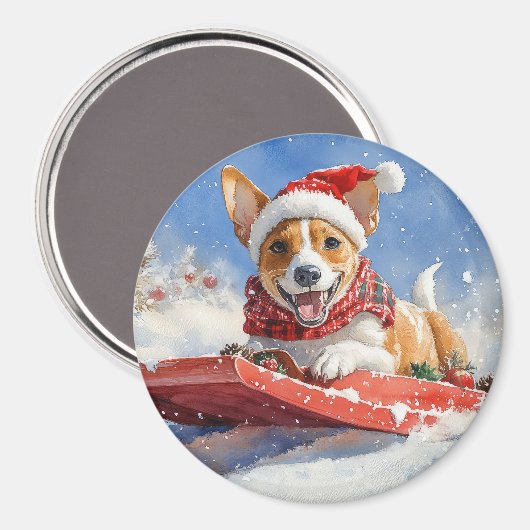 Basenji Dog in Sledge Lass es Schnee Weihnachten Magnet (Vorderseite/Rückseite)