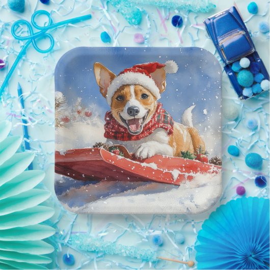 Basenji Dog in Sledge Lass es Schnee Weihnachten Pappteller (Party)