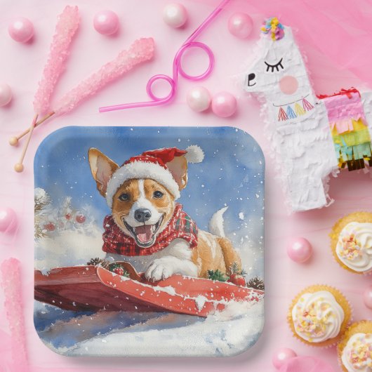 Basenji Dog in Sledge Lass es Schnee Weihnachten Pappteller (Party)