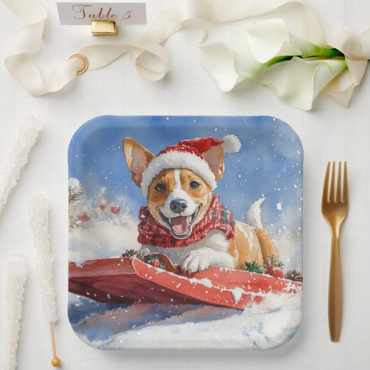 Basenji Dog in Sledge Lass es Schnee Weihnachten Pappteller (Hochzeit)