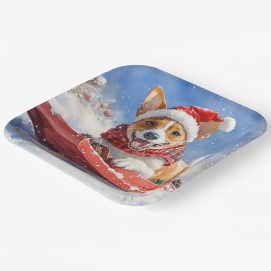 Basenji Dog in Sledge Lass es Schnee Weihnachten Pappteller (Gewinkelt)