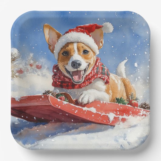 Basenji Dog in Sledge Lass es Schnee Weihnachten Pappteller (Vorderseite)