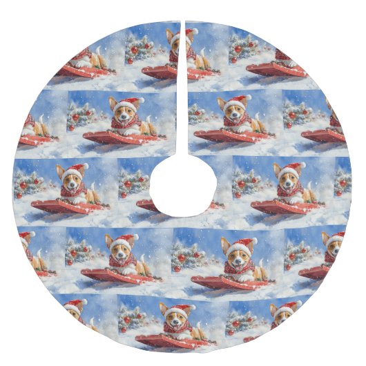 Basenji Dog in Sledge Lass es Schnee Weihnachten Polyester Weihnachtsbaumdecke (Vorderseite)