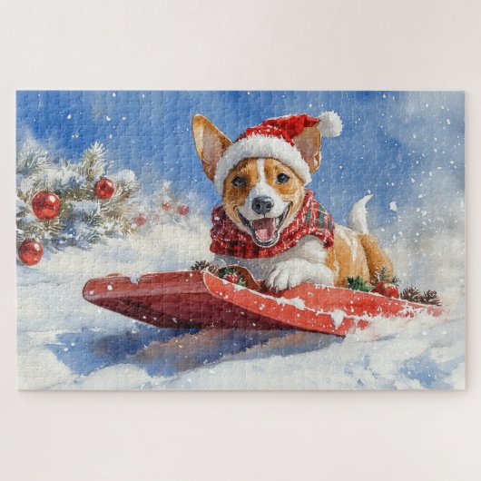 Basenji Dog in Sledge Lass es Schnee Weihnachten Puzzle (Horizontal)