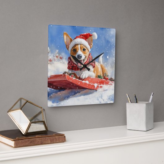 Basenji Dog in Sledge Lass es Schnee Weihnachten Quadratische Wanduhr (Büro)