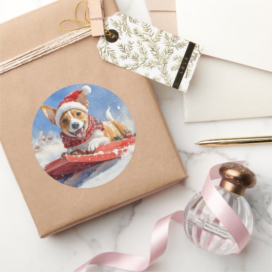 Basenji Dog in Sledge Lass es Schnee Weihnachten Runder Aufkleber (Schenken)