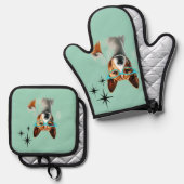Basenji Dog Mitte des Jahrhunderts Ofenhandschuh & Topflappen-Set (Vorderseite/Rückseite)