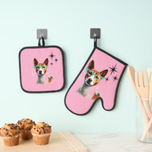 Basenji Dog Mitte des Jahrhunderts Ofenhandschuh & Topflappen-Set