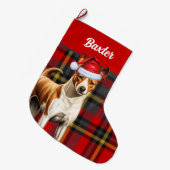 Basenji Dog rot und grün Kariert mit Name Großer Weihnachtsstrumpf (Vorderansicht (hängend))