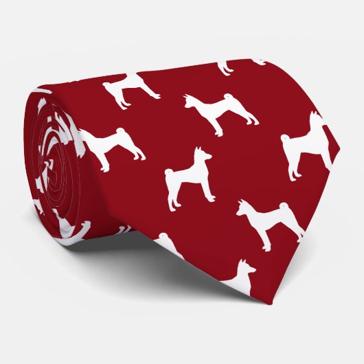 Basenji Dog Silhouetten Muster Rot und Weiß Krawatte (Gerollt)