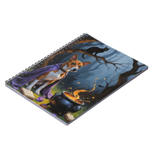 Basenji Dog Whimsical Halloween Malerei Notizblock (Linke Seite)