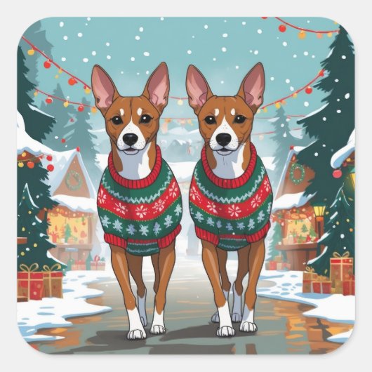 Basenji Dogs Christmas Snow Holiday Quadratischer Aufkleber (Vorderseite)