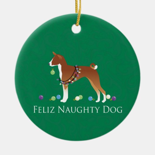 Basenji Feliz Naughty Dog Weihnachten Keramikornament (Vorne)