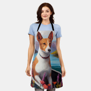 Basenji-Hund auf einem Paddel: Ein landschaftliche Schürze