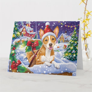 Basenji-Hund im Schlitten Schnee Weihnachten Karte