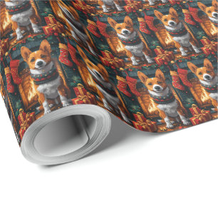 Basenji-Hund mit Weihnachtsgeschenken am Kamin Geschenkpapier