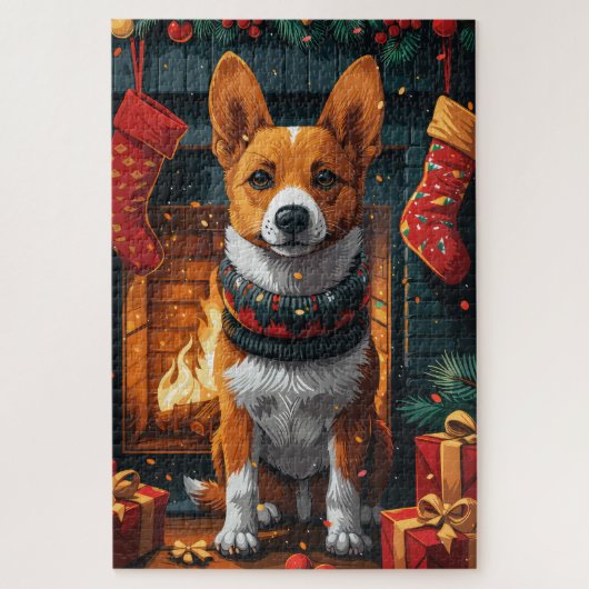Basenji Hund mit Weihnachtsgeschenken Feuerplatz Puzzle (Vertikal)