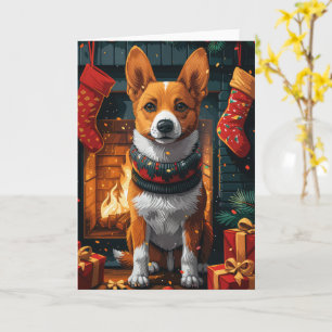 Basenji-Hund mit Weihnachtsgeschenken Kamin Karte