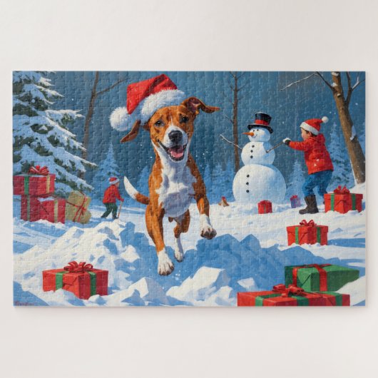 Basenji Hund spielen in der Schnee-Winter-Szene Puzzle (Horizontal)