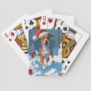 Basenji-Hund spielt im Schnee Winterlandschaft Spielkarten