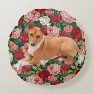 Basenji-Hund und Rosen Rundes Kissen