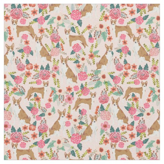Basenji-Hund Vintage Blumen rosa Stoff (Nahaufnahme)