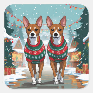 Basenji Hunde Weihnachten Schnee Feiertag Quadratischer Aufkleber