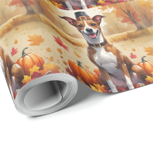 Basenji im Herbst hinterlässt Erntedank Art Geschenkpapier (Rolleneckpunkt)