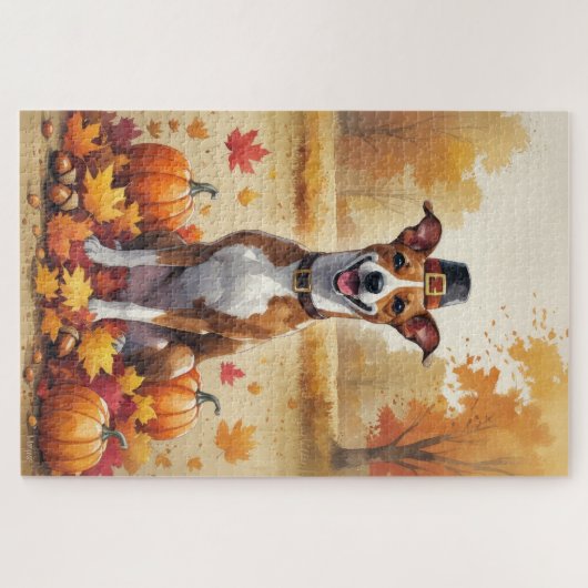 Basenji im Herbst hinterlässt Erntedank Art Puzzle (Horizontal)